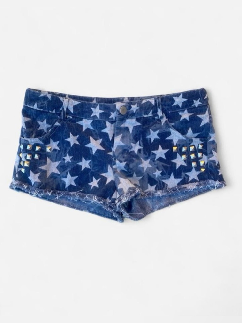 Y2k Star Print Denim Low Rise Micro Mini Shorts with Studded Detail